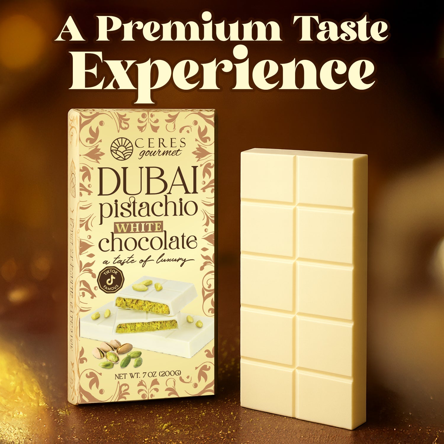 White Dubai Chocolate Crispy Knafeh Pistachio Bar 7oz