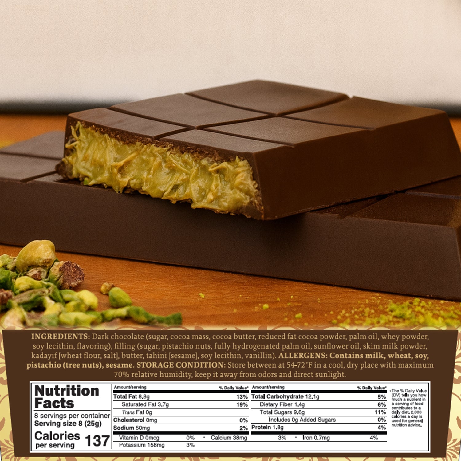 Dark Chocolate Dubai Crispy Knafeh Pistachio Bar 7oz