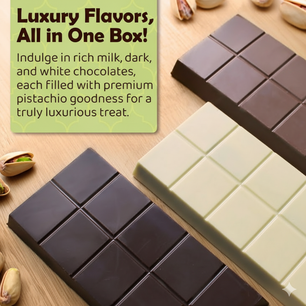 Dubai Chocolate Crispy Knafeh Trio (Milk, White & Dark Chocolate)