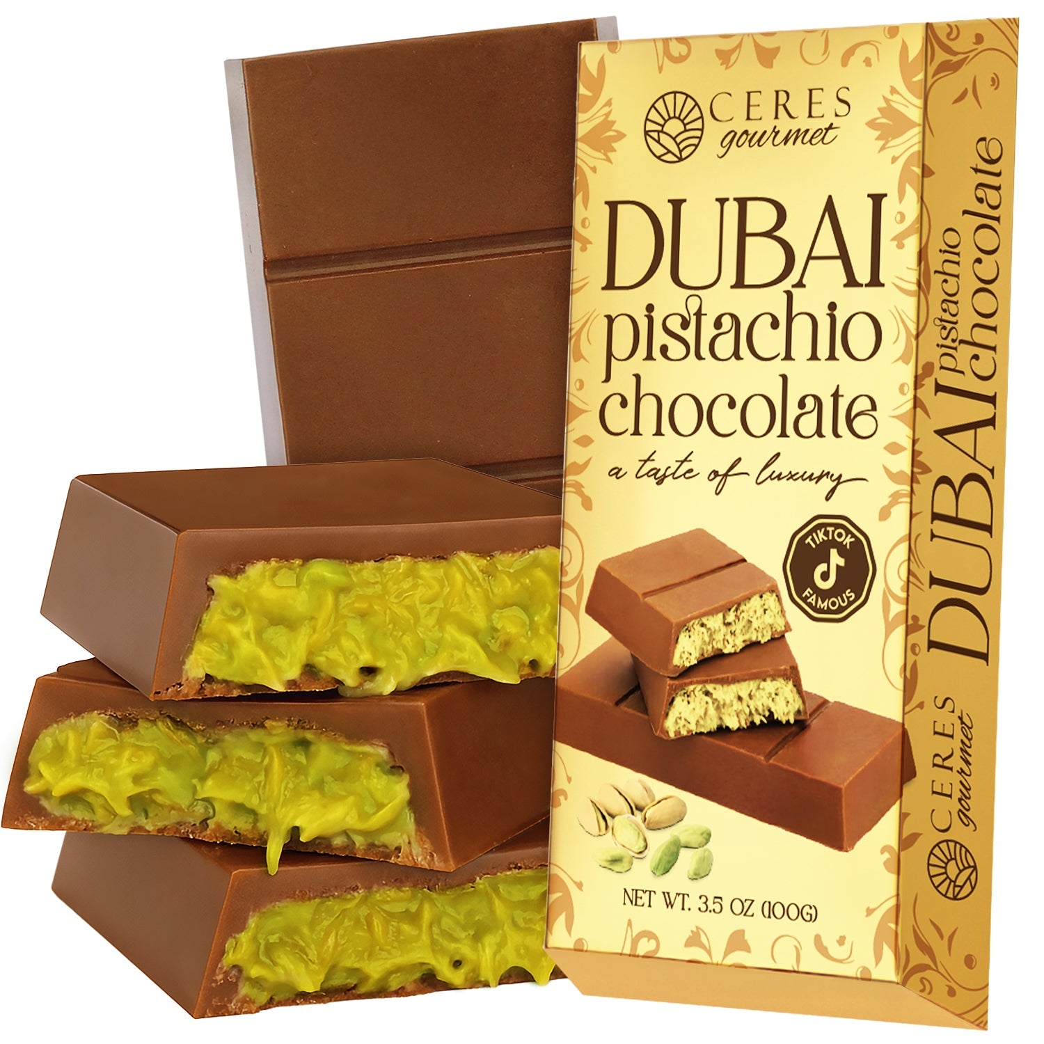 Dubai Chocolate Kataifi and Pistachio - Gold Package - Dark&White&Milky - 3.5 oz