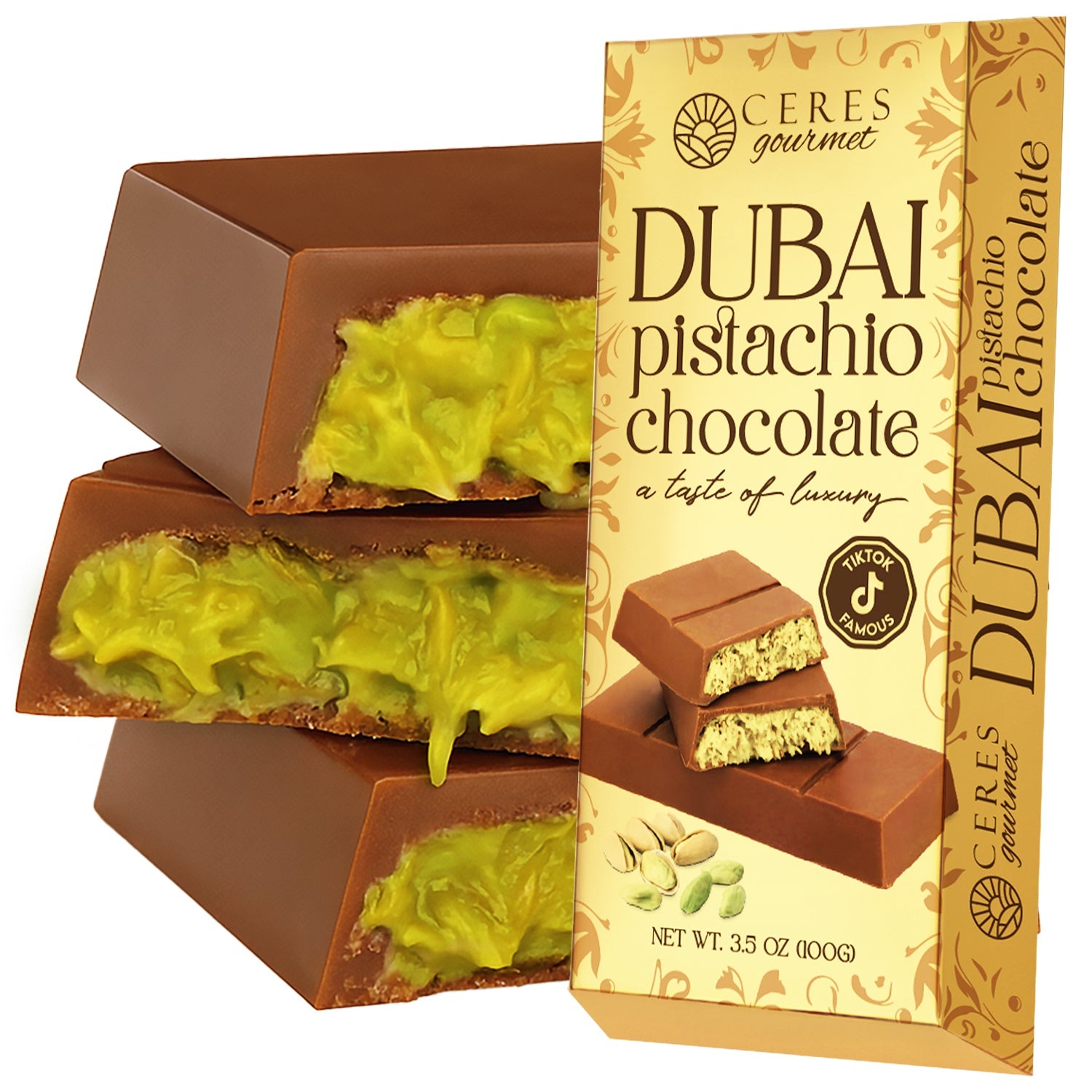 Dubai Chocolate Bar Pistachio with Milky Chocolate and Knafeh - 3.5 Oz