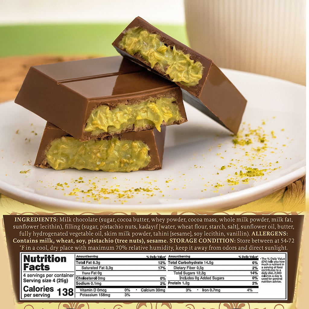 Dubai Chocolate Bar Pistachio with Milky Chocolate and Knafeh - 3.5 Oz