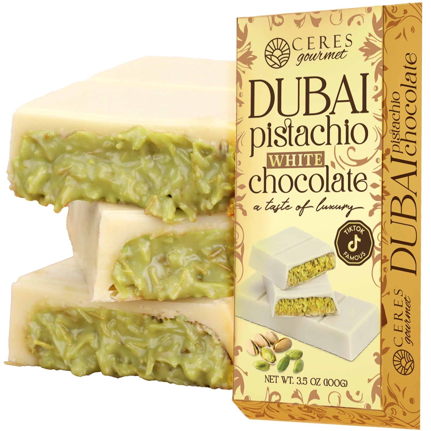 Dubai Chocolate Bar Pistachio with White Chocolate  & Knafeh - 3.5 Oz