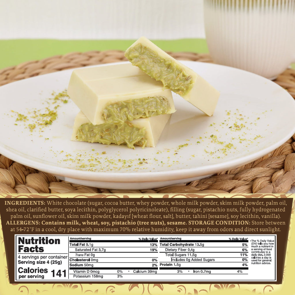 Dubai Chocolate Bar Pistachio with White Chocolate  & Knafeh - 3.5 Oz