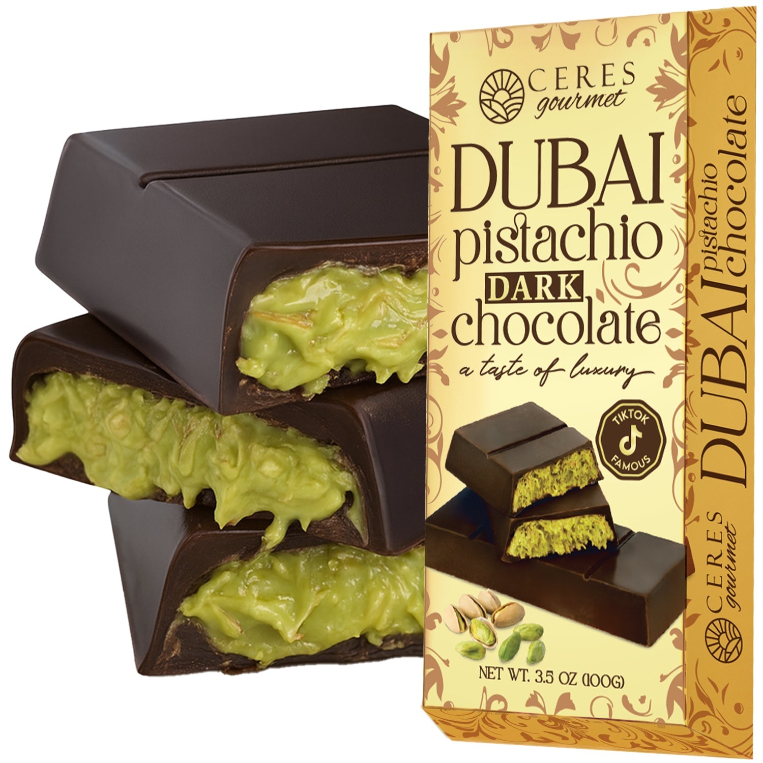 Dubai Chocolate Bar Pistachio with Dark Chocolate & Knafeh -  3.5  Oz