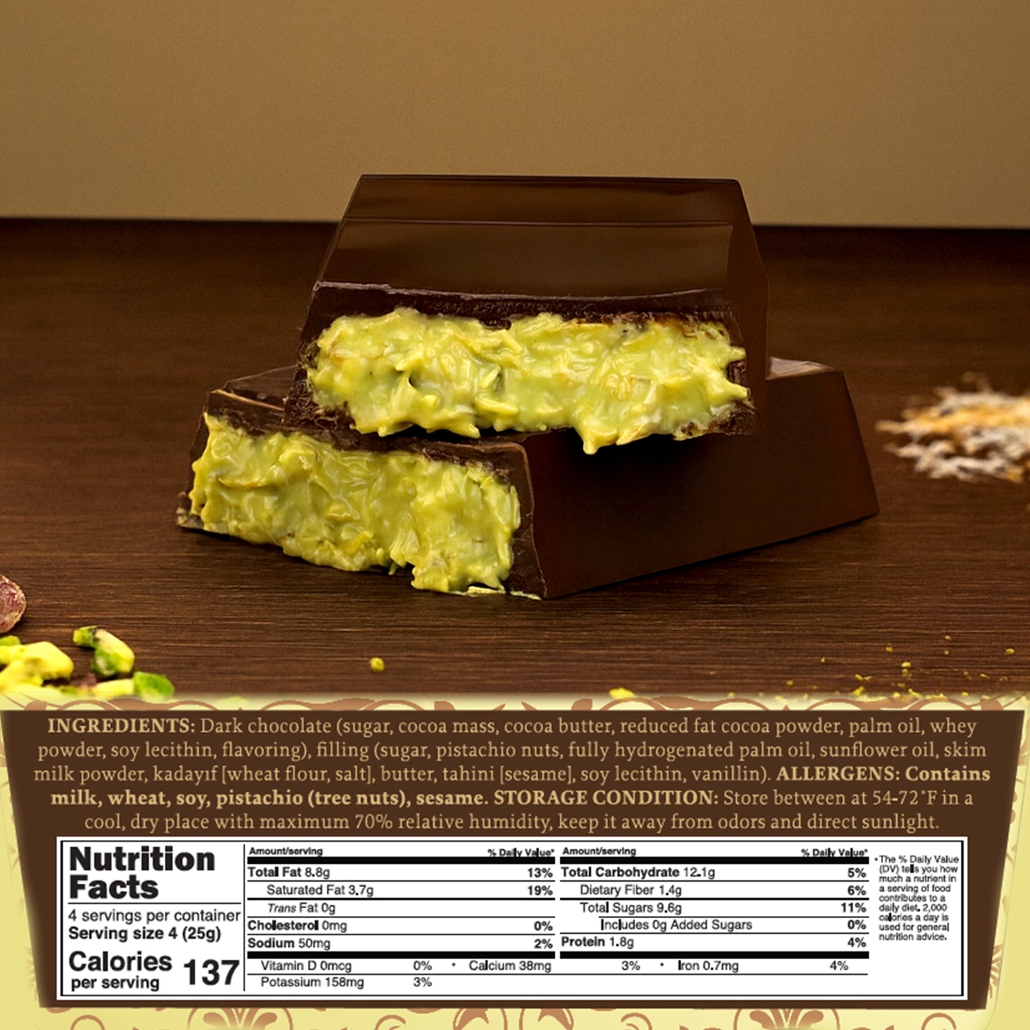 Dubai Chocolate Bar Pistachio with Dark Chocolate & Knafeh -  3.5  Oz