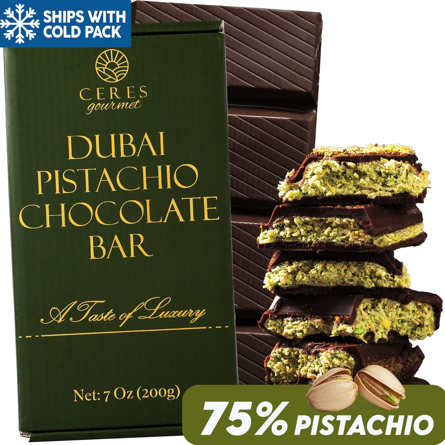 Viral Dubai Chocolate Bar Dark 75% Pistachio 7 oz