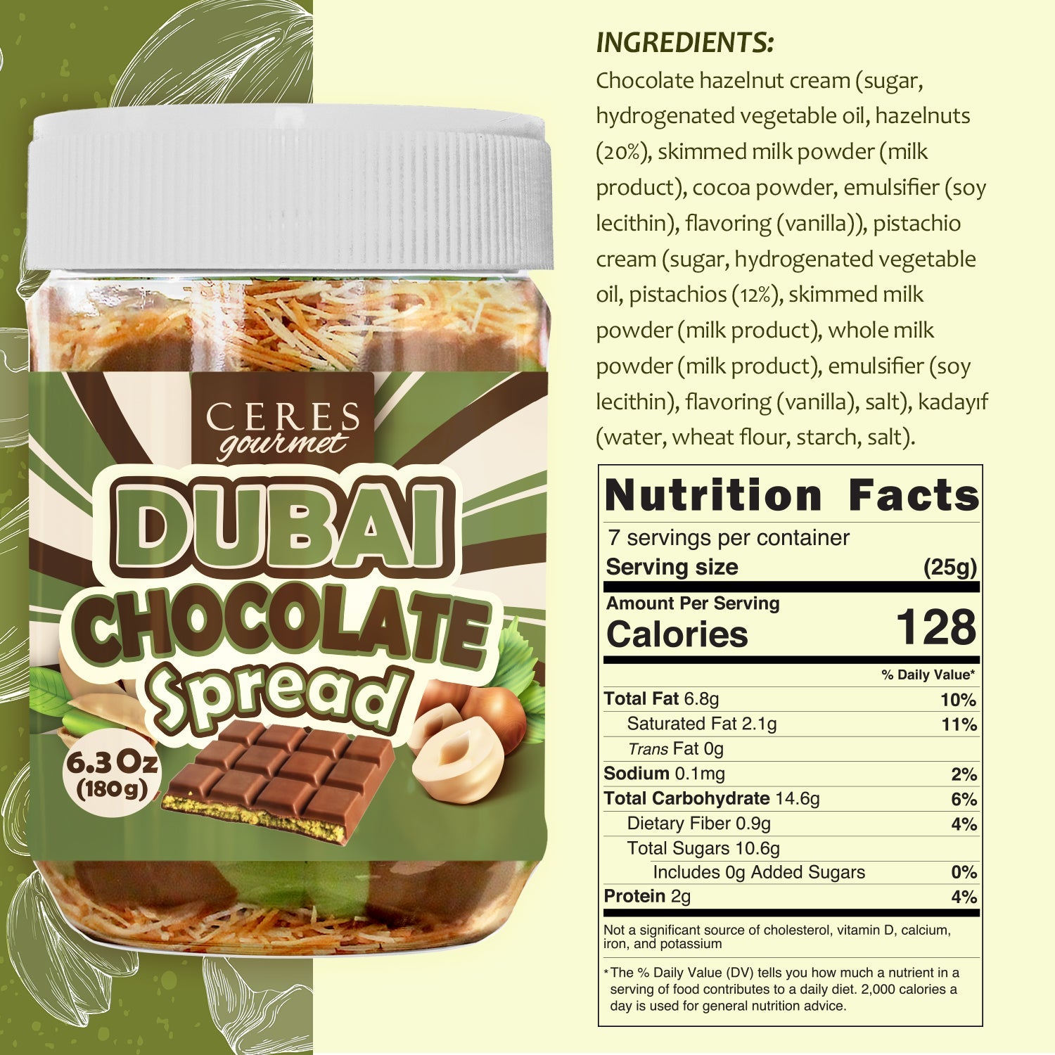Dubai Chocolate Spread – 6.35 oz for Breakfast, Snacks, and Desserts