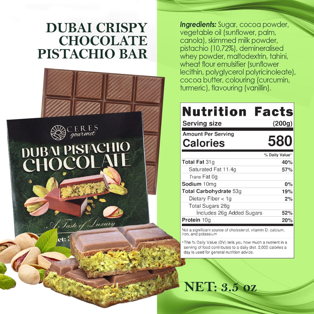 Dubai Chocolate Pistachio Bar Mlky Chocolate & Crispy Knafeh – 3.5oz