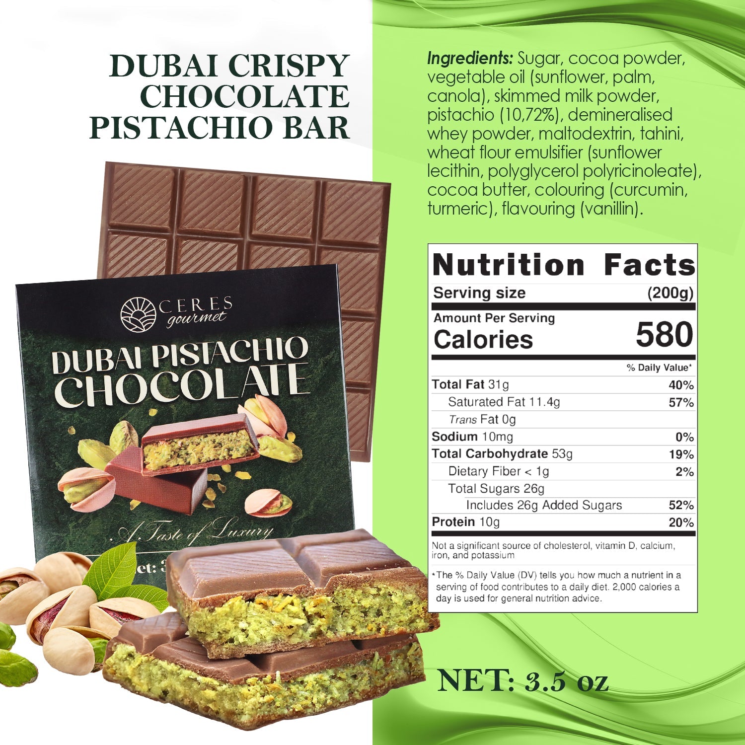 Dubai Chocolate Pistachio Bar Mlky Chocolate & Crispy Knafeh – 3.5oz