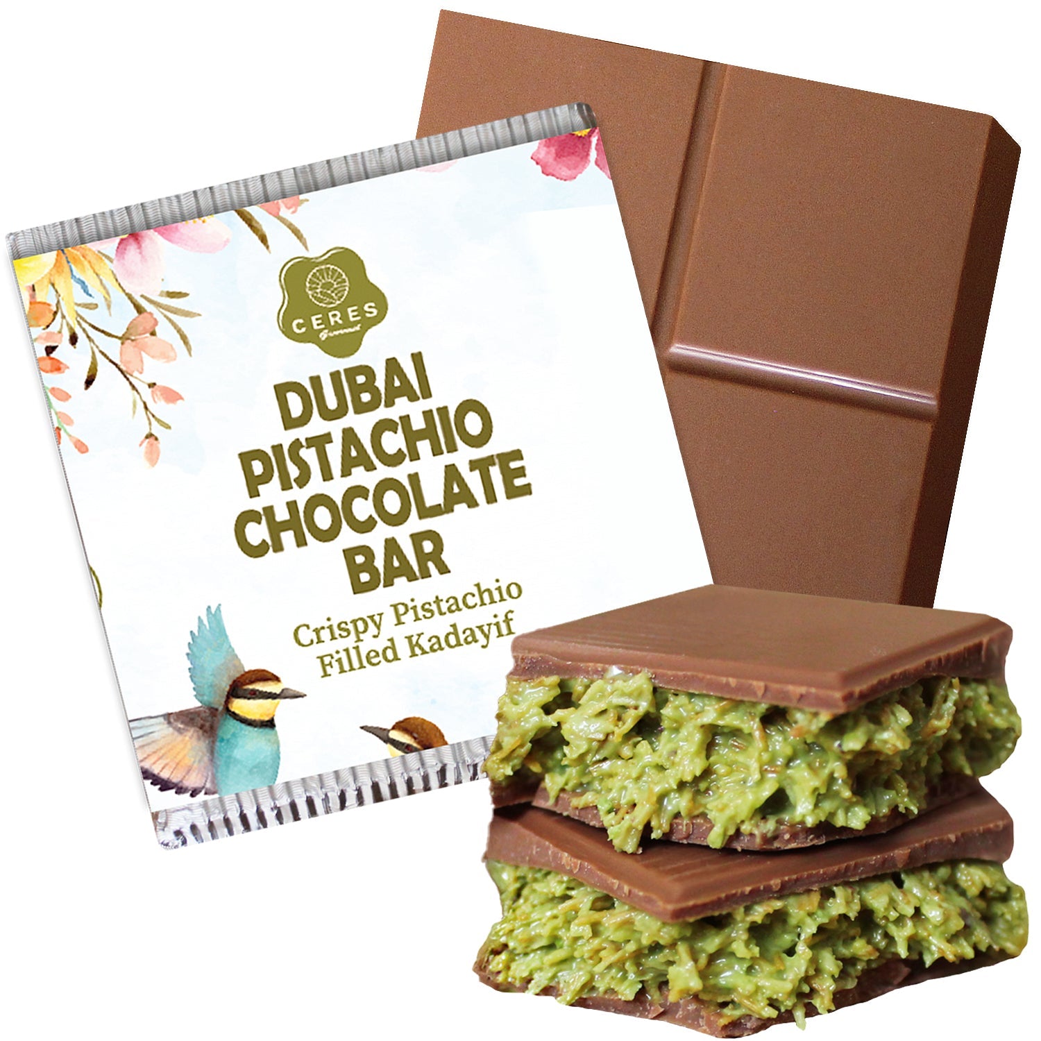 Dubai Chocolate Pistachio Bar 3.5 Oz Square, Luxury Halloween Chocolate