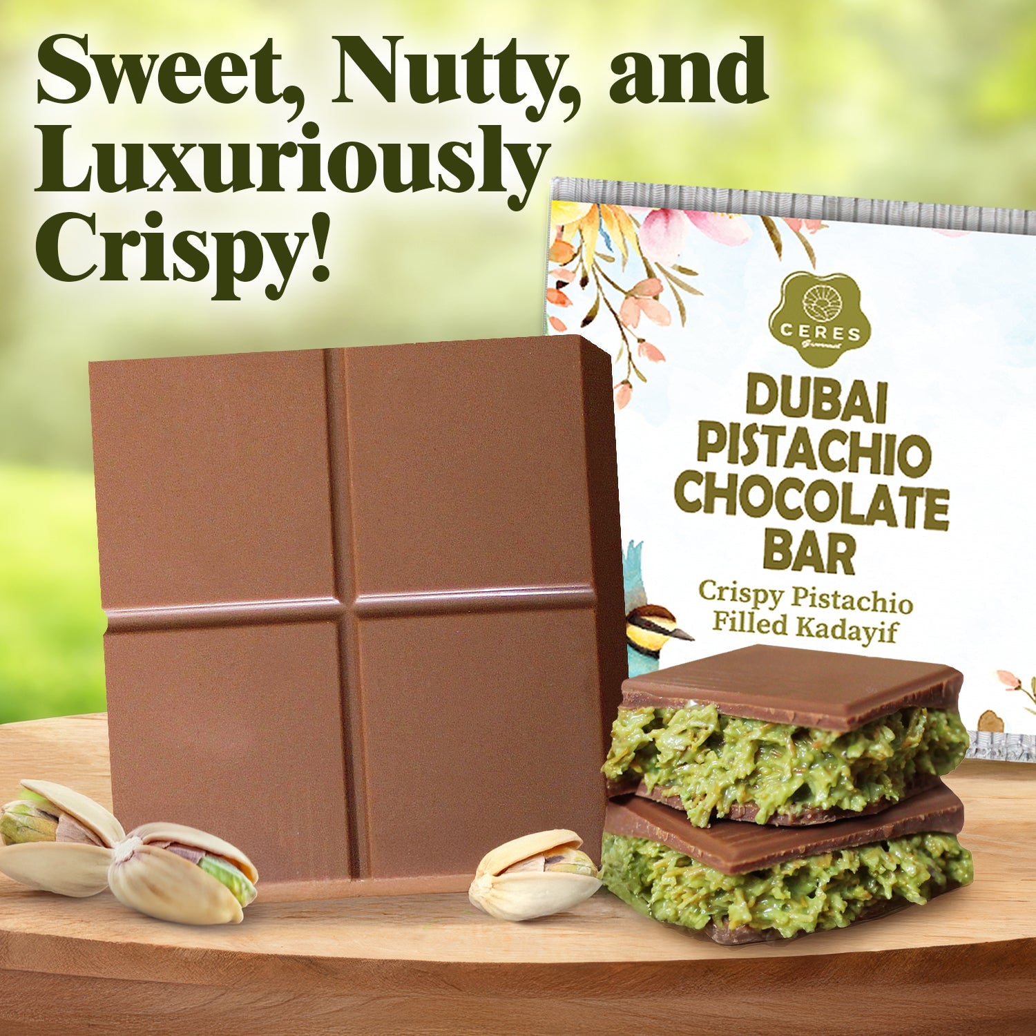 Dubai Chocolate Pistachio Bar 3.5 Oz Square, Luxury Halloween Chocolate