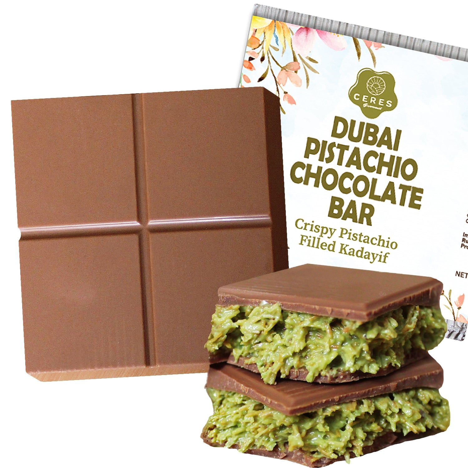 Dubai Chocolate Pistachio Bar 3.5 Oz Square, Luxury Halloween Chocolate